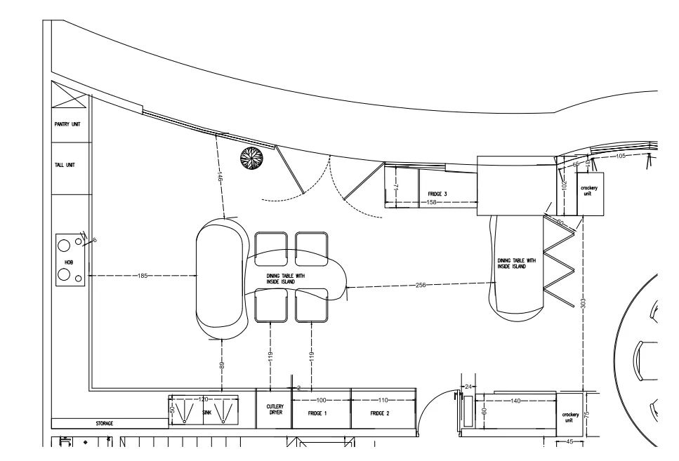 Kitchen plan view, appliances, dining, storage layout.