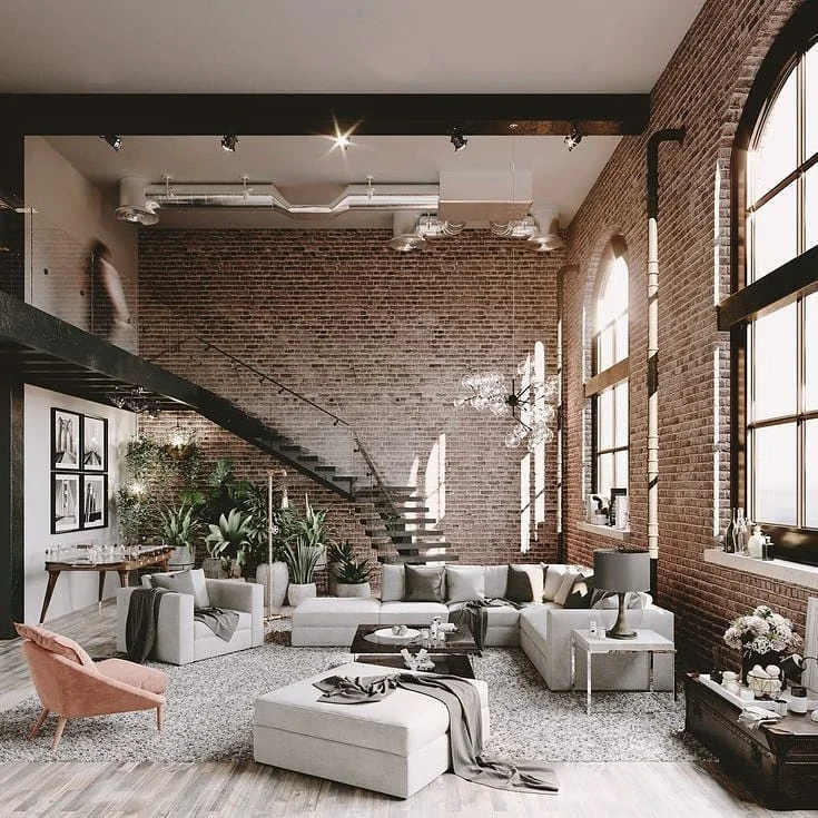 Industrial large living room with open layout