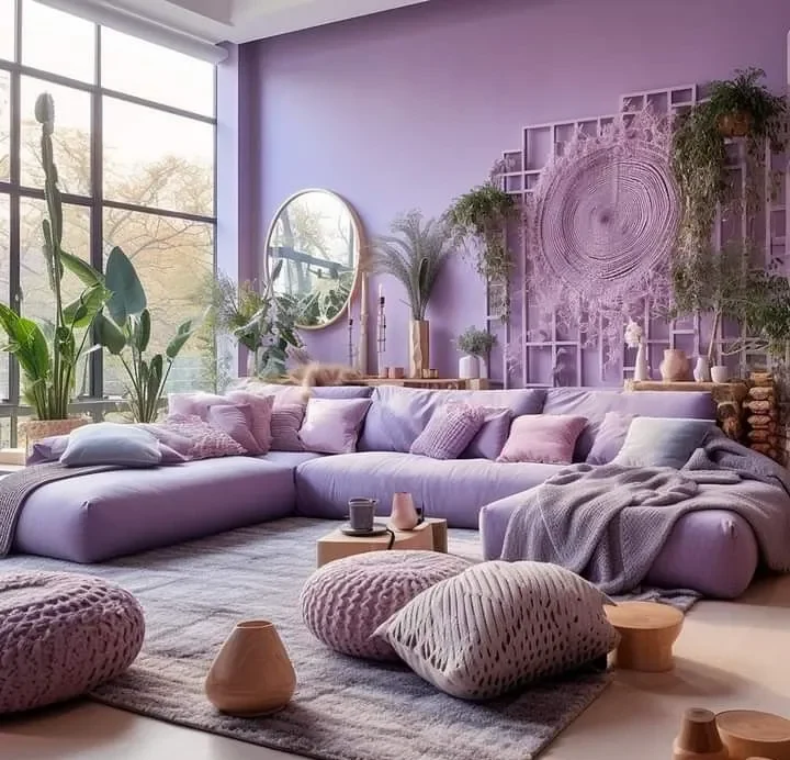 Lavender boho living room with cozy seating and natural accents