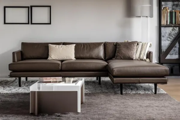 L-Shaped Sofa with brown leather sectional, minimalist design