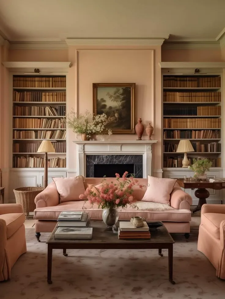 Classic vintage living room with peach tones and elegant decor