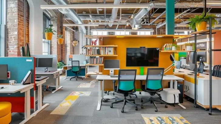 Bright co-working office with desks and brick walls.