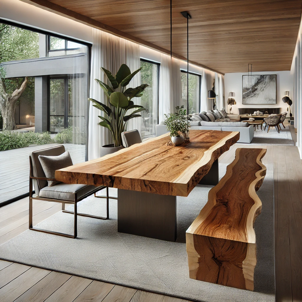 Modern open-concept kitchen with natural wood dining setup