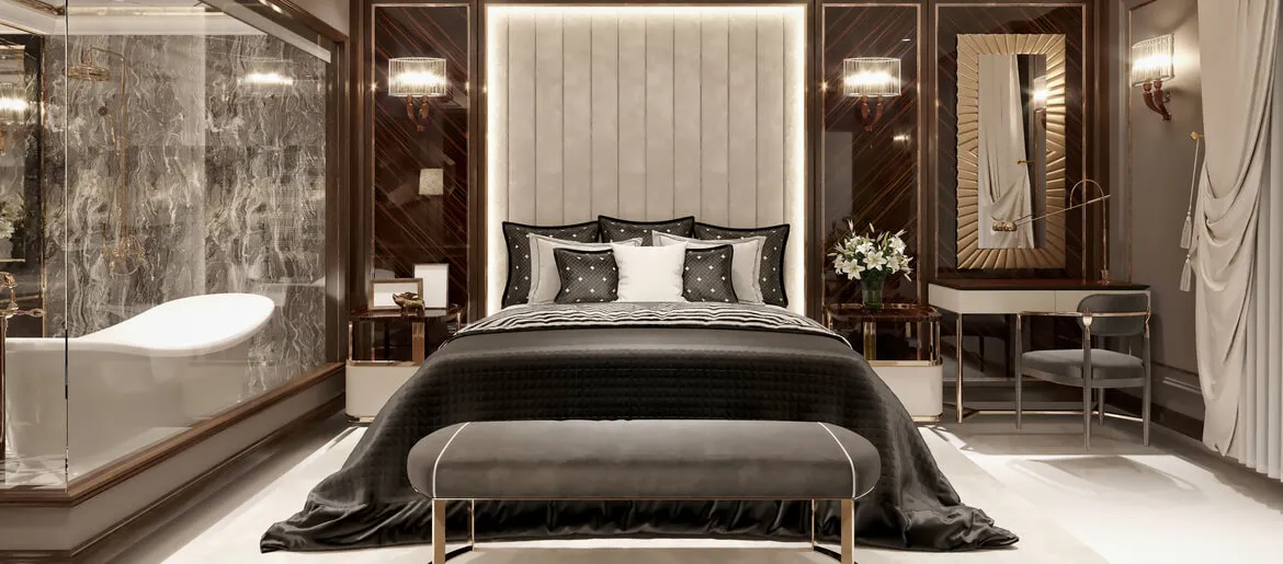 Luxury modern bedroom with bedroom wall color combination featuring black and gold accents.