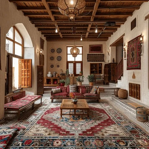 Traditional Arabic Living Room Interior Design with rich colors.