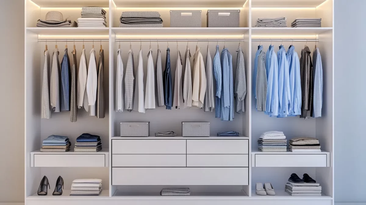 Modern white built-in wardrobe with organized storage