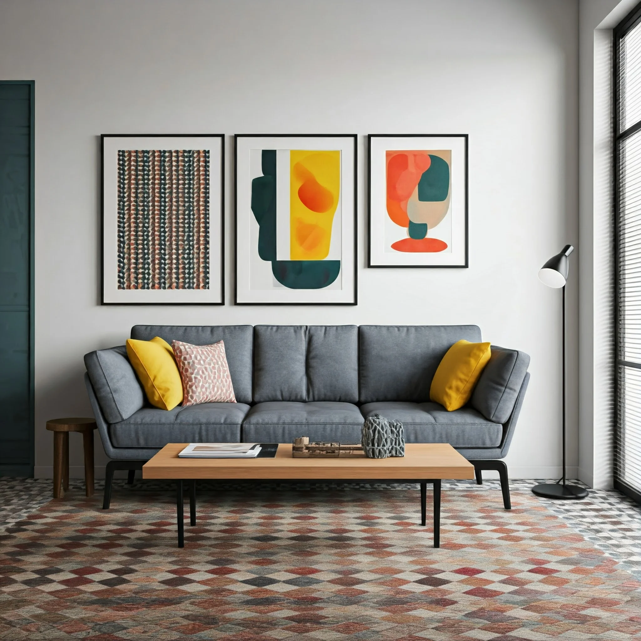 Modern artistic living room with bold colors and geometric patterns