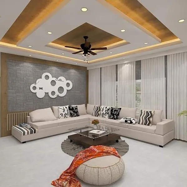 Geometric false ceiling design with modern lighting.