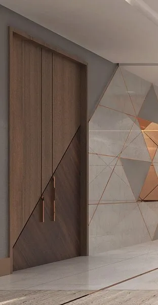 Geometric wood bedroom door, modern wall design.