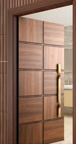 Panel wood bedroom door, grid design, long gold handle.