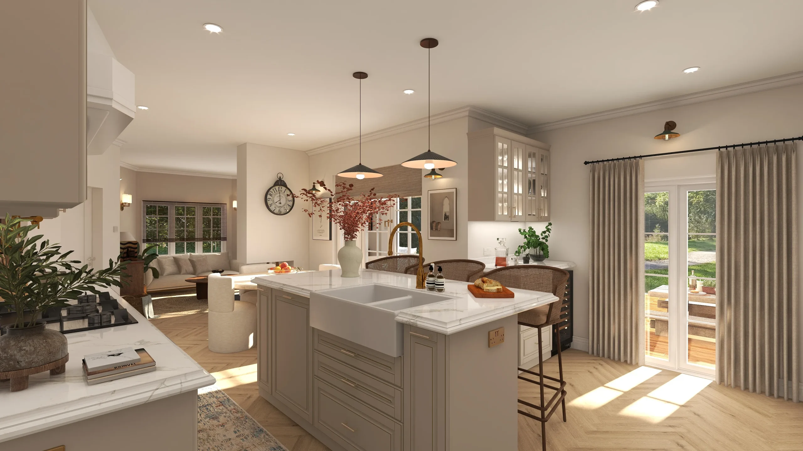 Modern farmhouse kitchen with island, pendant lights, and soft tones.