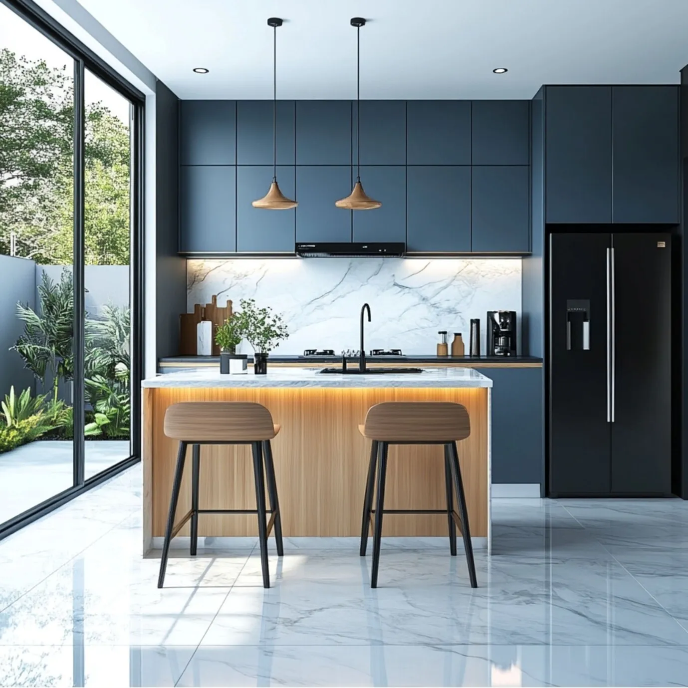 Modern kitchen, blue cabinets, wood island, marble counter