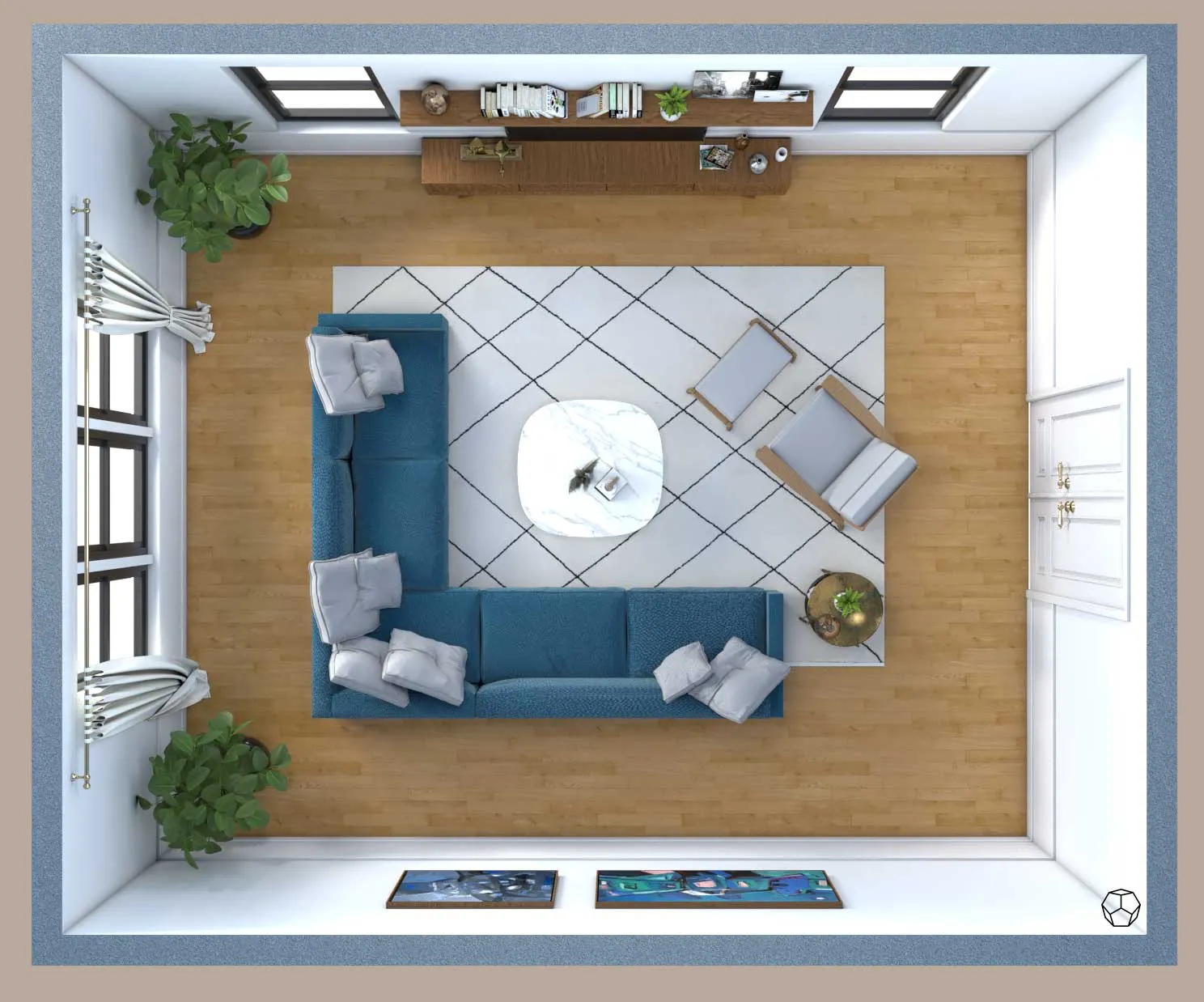 Modern living room, top-down view, blue L-Shaped Sofa with geometric rug.