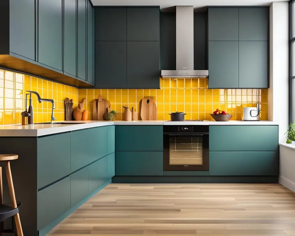 Modern Regalia U-Shape Kitchen With Green Cabinets & Yellow Backsplash