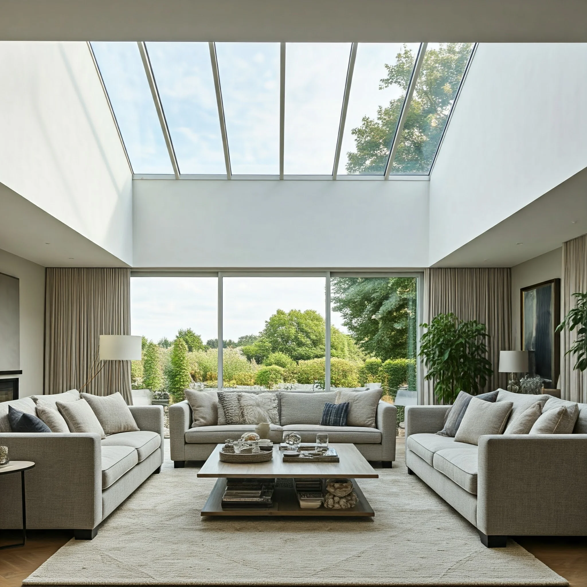 Modern sunlit living room with skylight neutral tones and greenery