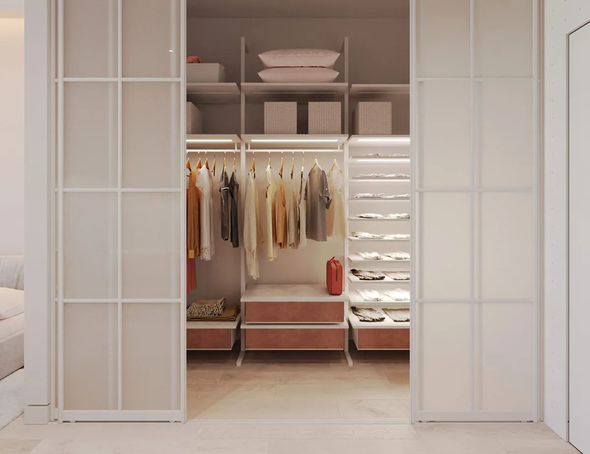 Minimalist walk-in wardrobe with sliding doors, open shelves, and integrated lighting.