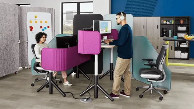 Flexible co-working space with ergonomic seating and partitions