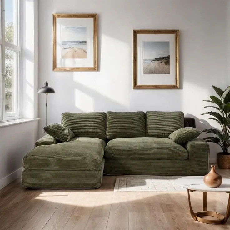 Modern living room with green corduroy L-Shaped Sofa with art, and plant.