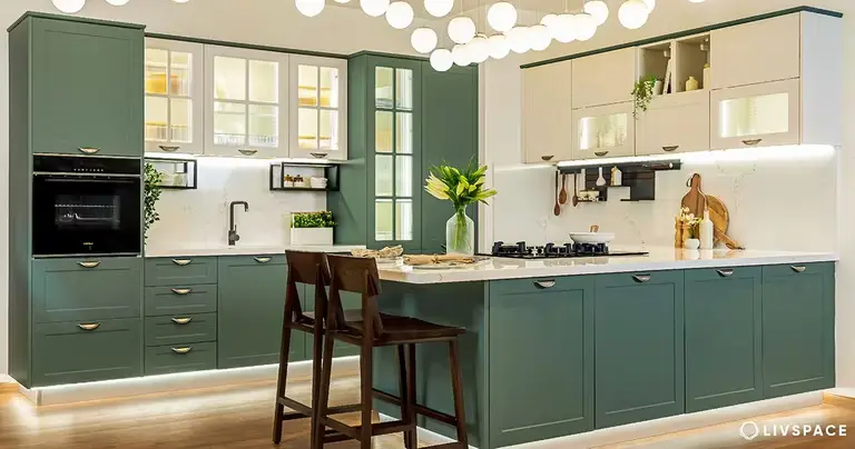 Modern modular kitchen with green and white cabinets