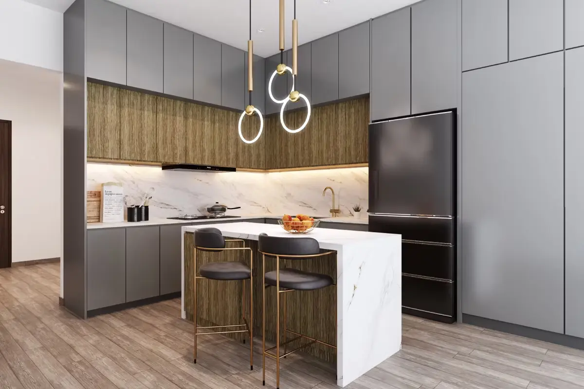 Sleek modular kitchen with wood and grey cabinets