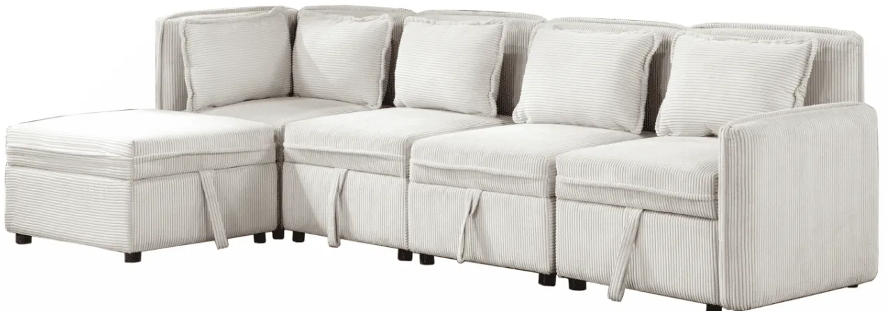 Modular sofa, light color, pleated design, ottoman.