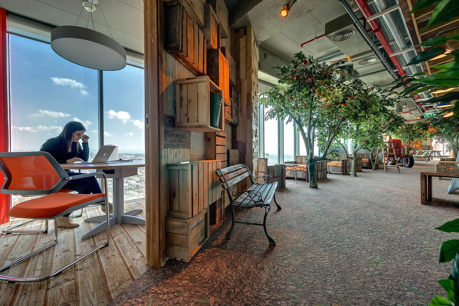 Co-working room with trees, crates, and cityscape view.