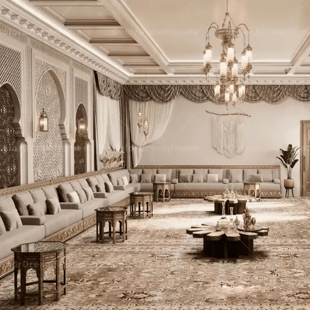 Luxurious Arabic Living Room Interior Design with ornate details.