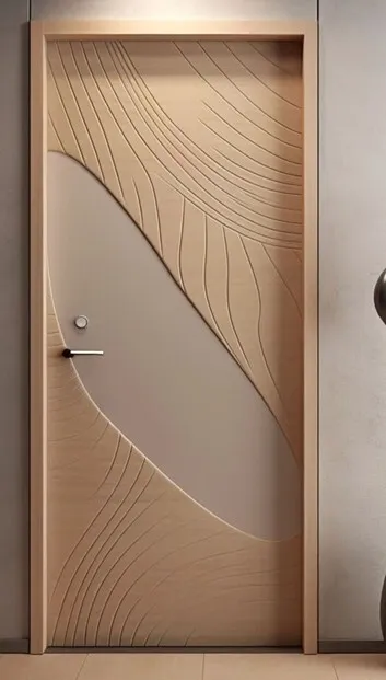 Carved wood door, organic lines, bedroom design