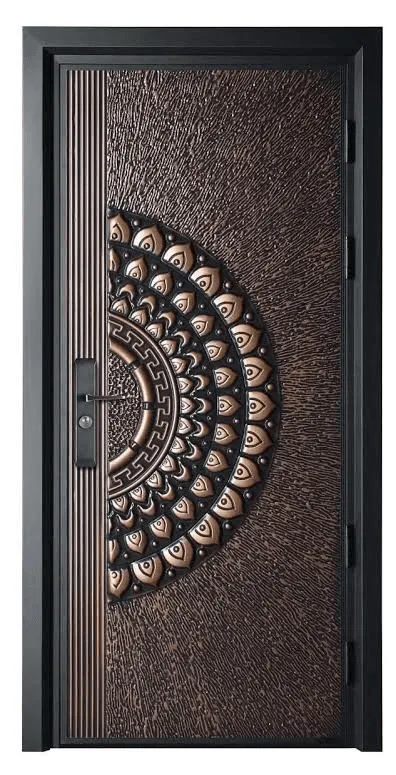 Ornate metal bedroom door, mandala pattern, textured.