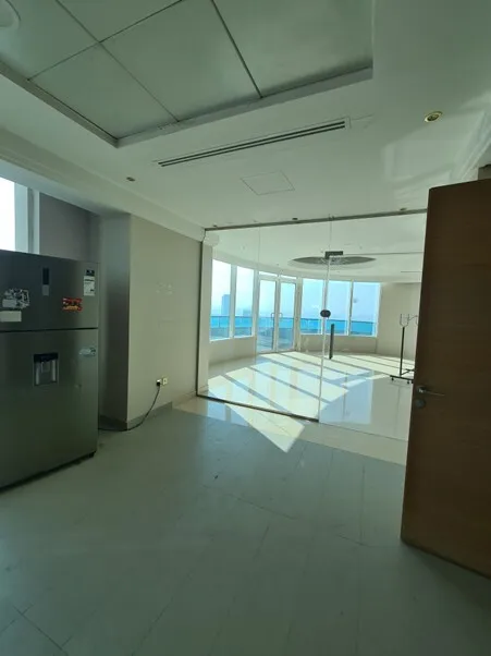 Kitchen design guide, view, steel fridge, glass partition, open plan.