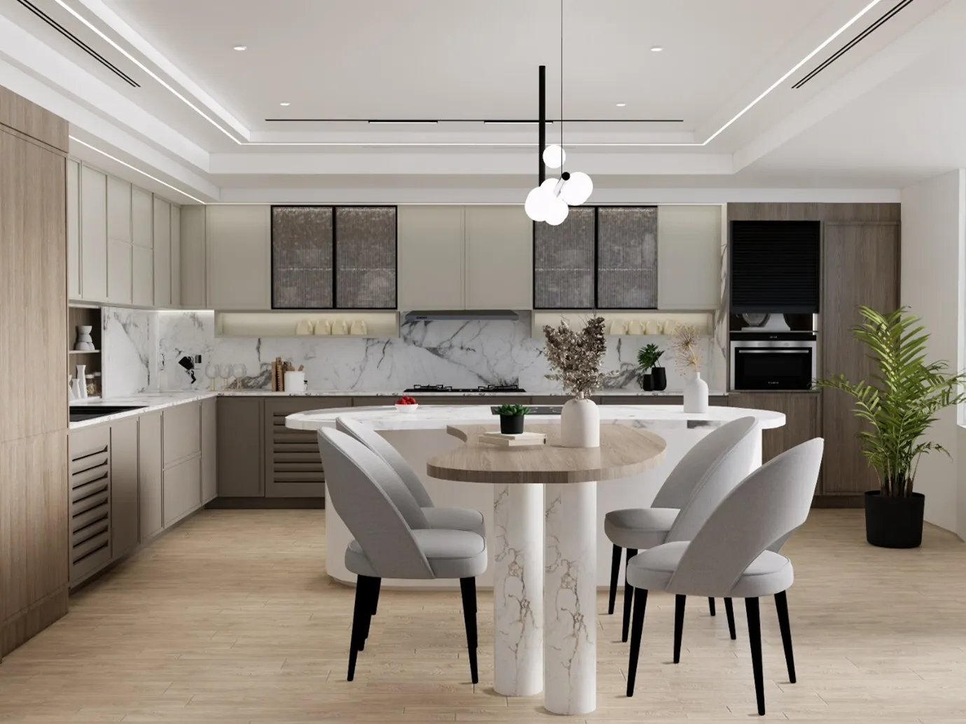 Modern kitchen guide, island, grey cabinets, marble tops, light floor.