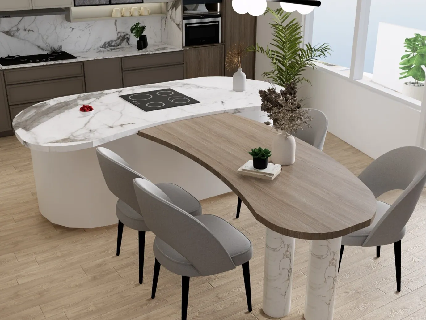 Kitchen guide, island, dining table, grey cabinets, marble tops, light floor.