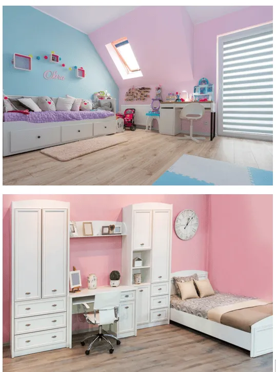 Kids' room with pink walls, white furniture and playful wall painting design.