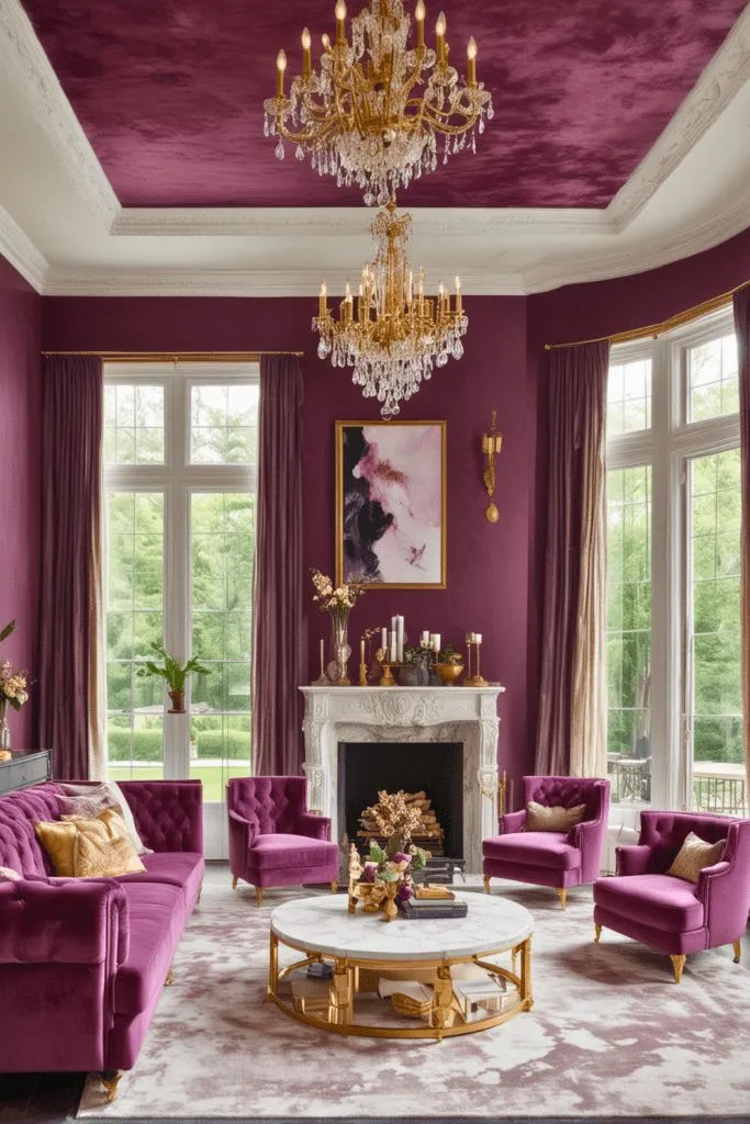 Luxury living room with plum purple tones and gold accents