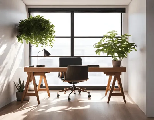 Simple office: desk, chair, plants, bright window