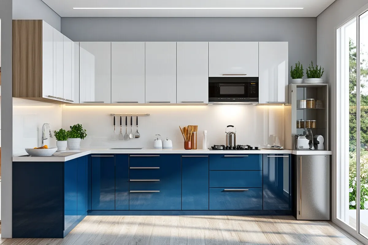 Contemporary Modular L Shaped Metallic Blue And White Regalia Kitchen Design