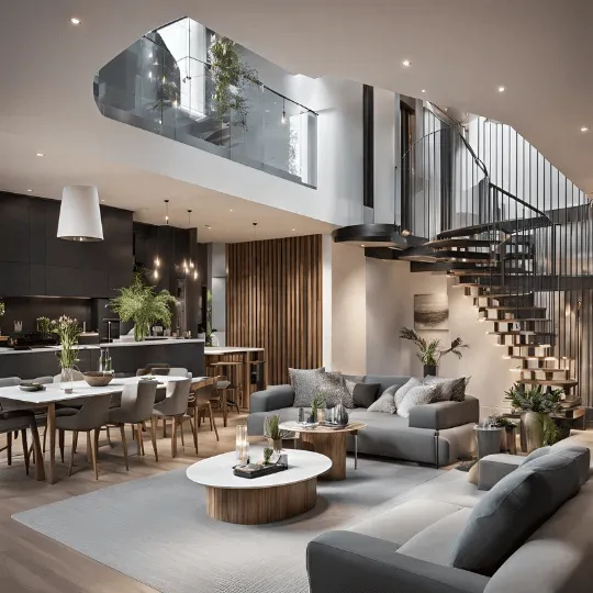 Modern open layout, glass mezzanine, spiral stairs, neutral tones.