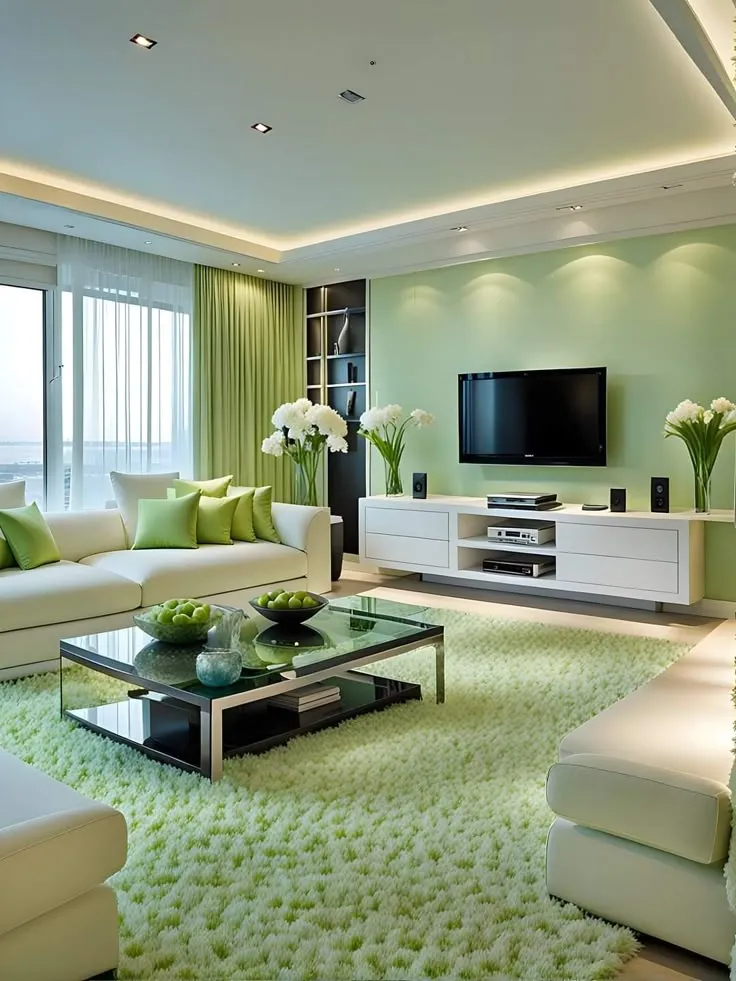 Modern green living room with soft textures and elegant decor