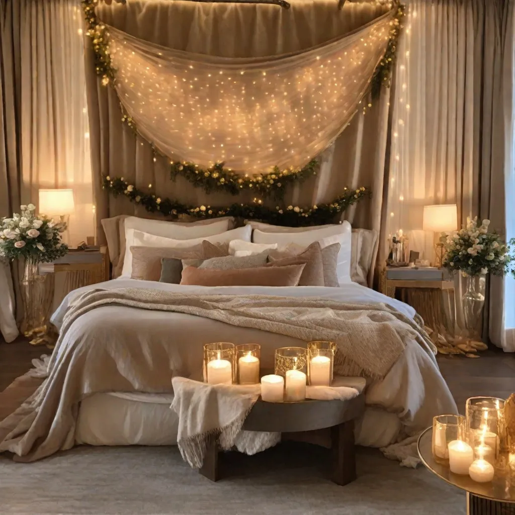 Simple bedroom design for couple with warm lights and candles