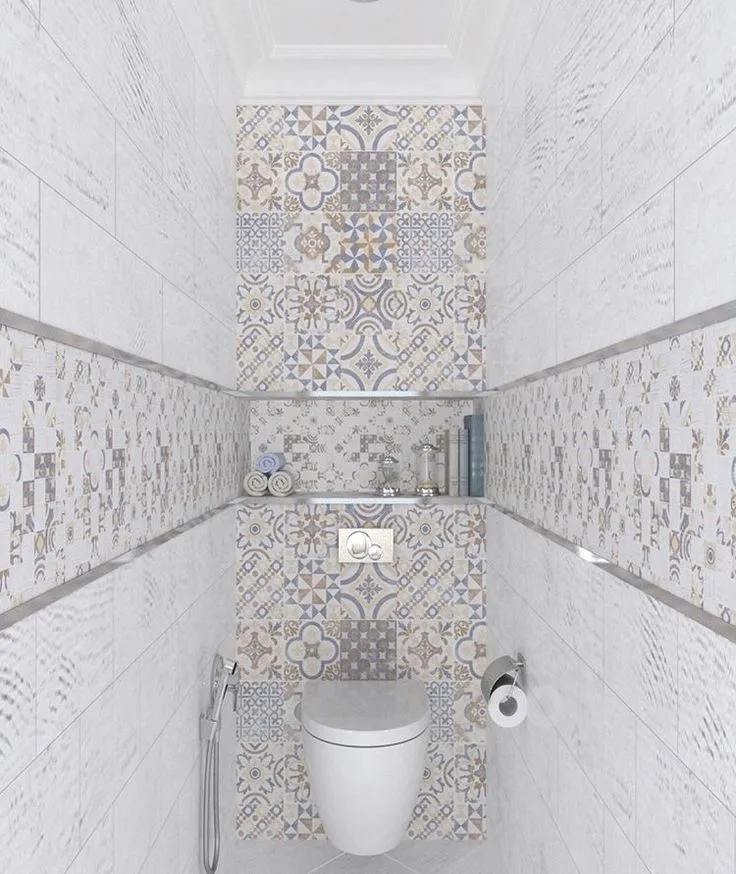 Patterned tile toilet narrow space white walls shelf storage