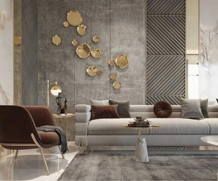 Elegant gray and gold living room with modern luxury elements