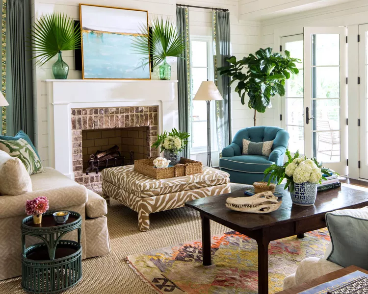 Coastal large living room with bright colors