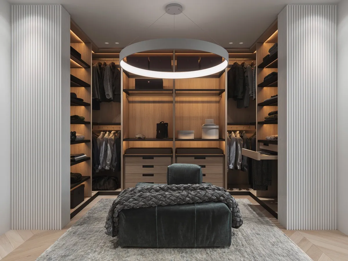 Modern walk-in wardrobe with symmetrical design, wood shelves, and integrated lighting.