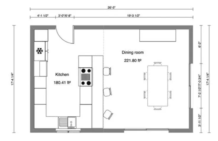 Kitchen plan, layout, dining, appliances, dimensions guide.