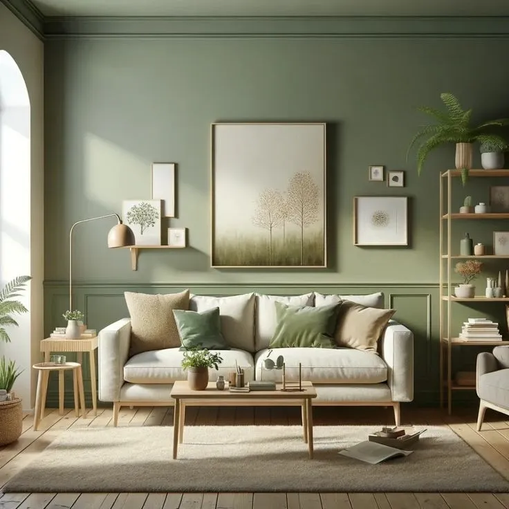 Tranquil green living room with soft earthy tones and cozy decor