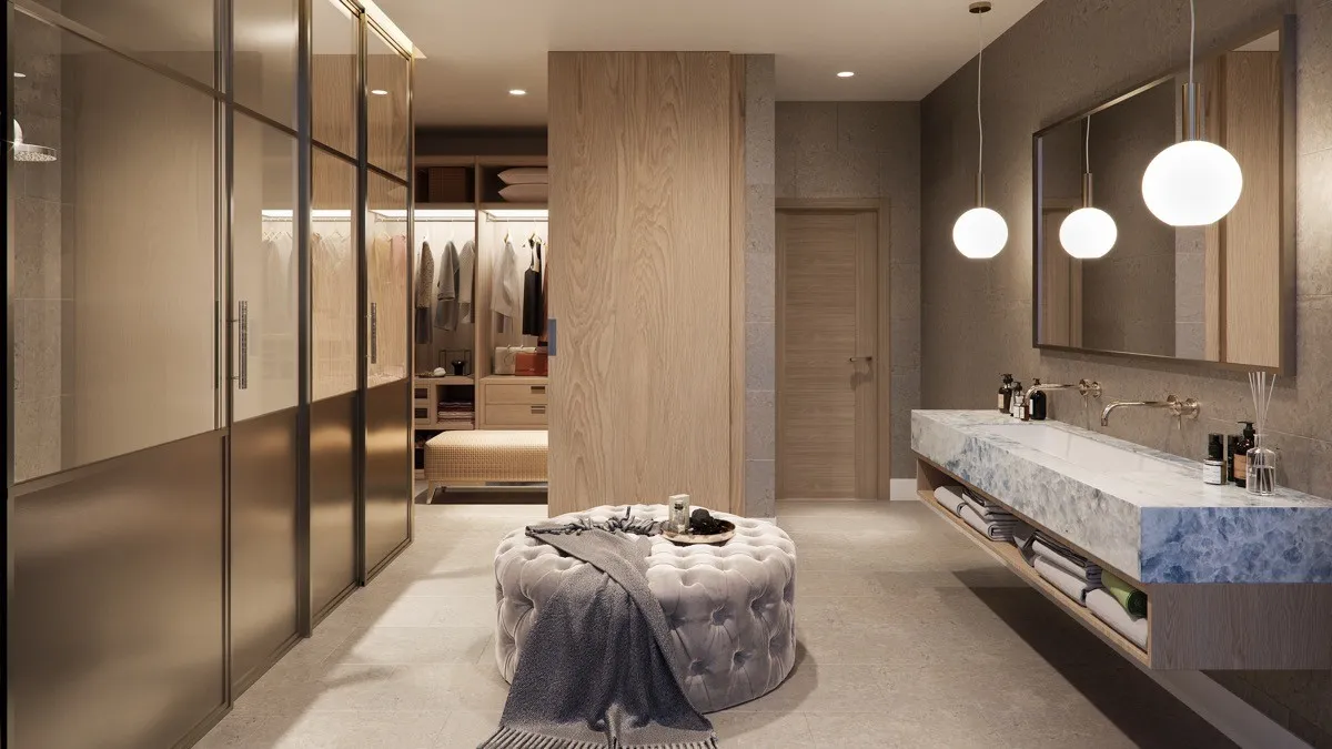 Modern walk-in wardrobe connected to a luxury bathroom with a double vanity.