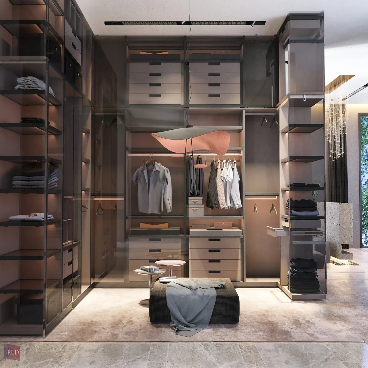 Modern, dark walk-in wardrobe with glass enclosures and metal accents.