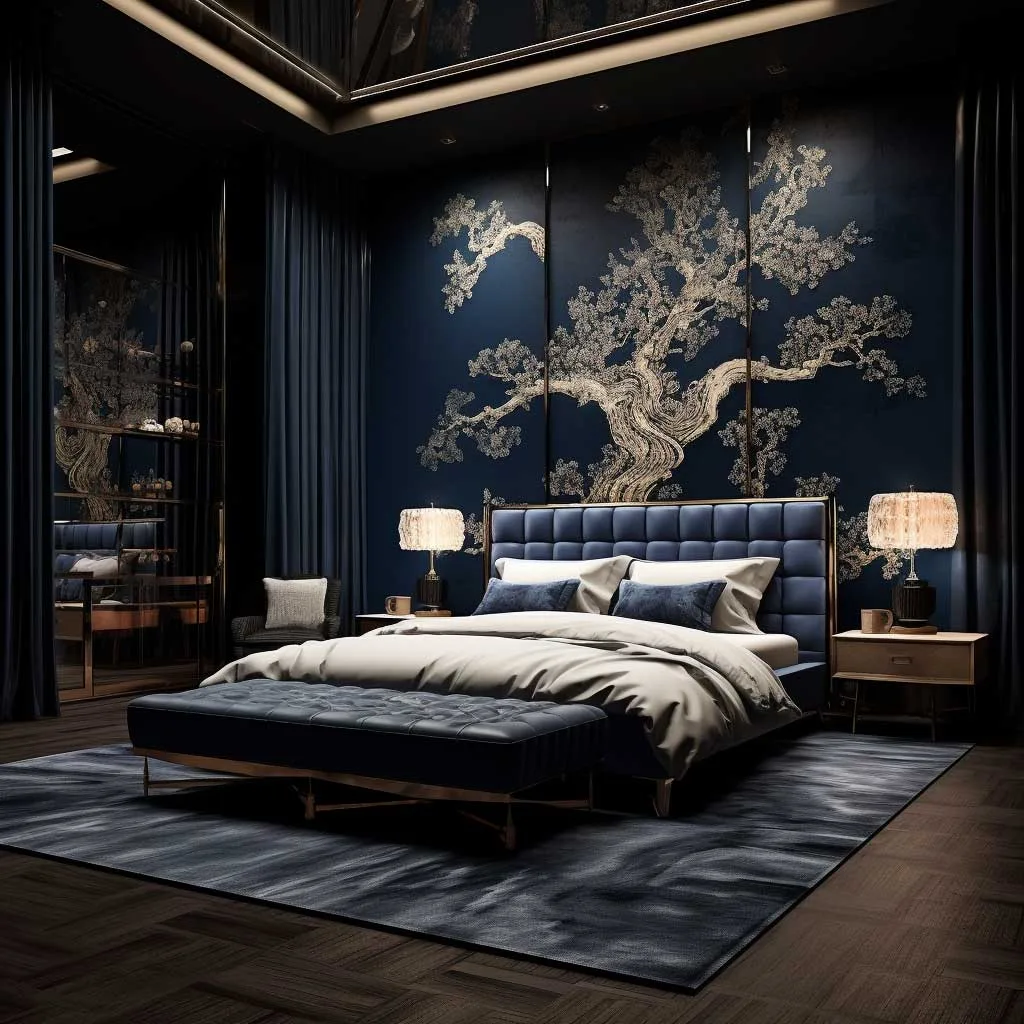 Dark blue bedroom with wall art, tufted bed, and soft lighting