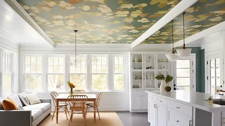 Patterned ceiling in a white kitchen with a wood table and light design