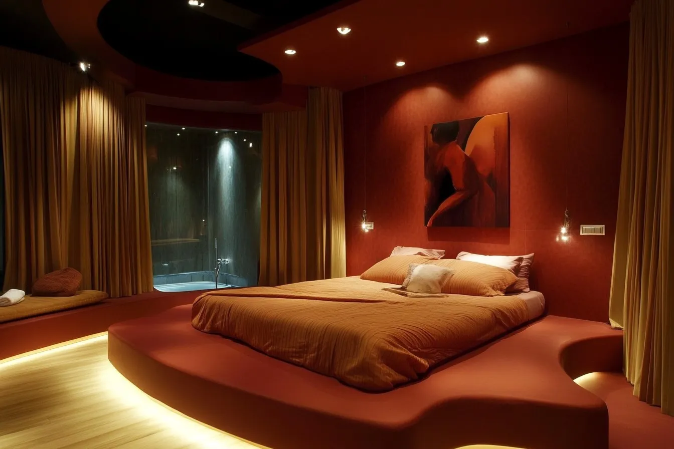 Romantic modern bedroom ideas for couples with warm lighting.